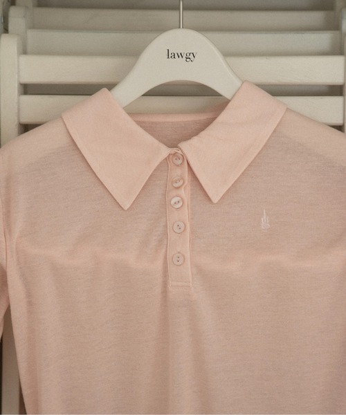 lawgy（ラウジー）の「sheer logo compact polo tops / シアーロゴコンパクトポロトップス（Tシャツ/カットソー・レディース・ヘザーグレー/アイボリー/ピンク系・FREE）」の9枚目の写真