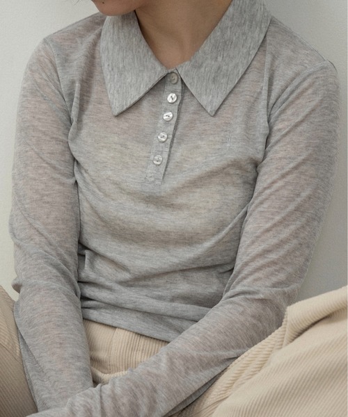 lawgy（ラウジー）の「sheer logo compact polo tops / シアーロゴコンパクトポロトップス（Tシャツ/カットソー・レディース・ヘザーグレー/アイボリー/ピンク系・FREE）」の10枚目の写真