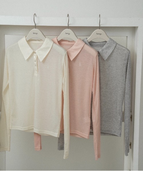 lawgy（ラウジー）の「sheer logo compact polo tops / シアーロゴコンパクトポロトップス（Tシャツ/カットソー・レディース・ヘザーグレー/アイボリー/ピンク系・FREE）」の4枚目の写真