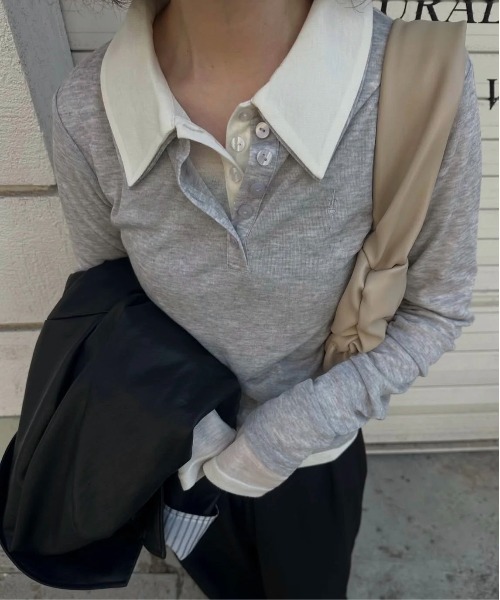 lawgy（ラウジー）の「sheer logo compact polo tops / シアーロゴコンパクトポロトップス（Tシャツ/カットソー・レディース・ヘザーグレー/アイボリー/ピンク系・FREE）」の17枚目の写真