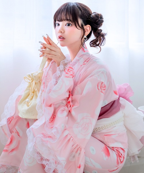 簡単着付け/セパレート浴衣】上衣・スカート・オーガンジー飾り帯 3点