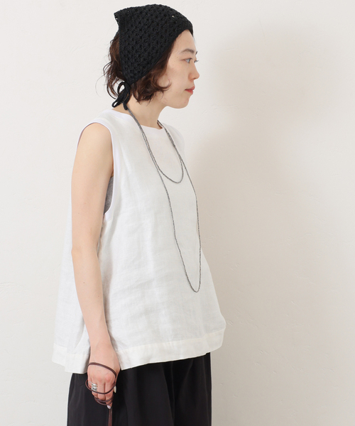 JOURNAL STANDARD LUXE（ジャーナルスタンダード　ラックス）の「《追加》フレンチリネンツイルノースリーブブラウス（シャツ/ブラウス・レディース・ホワイト/ネイビー・FREE）」の5枚目の写真