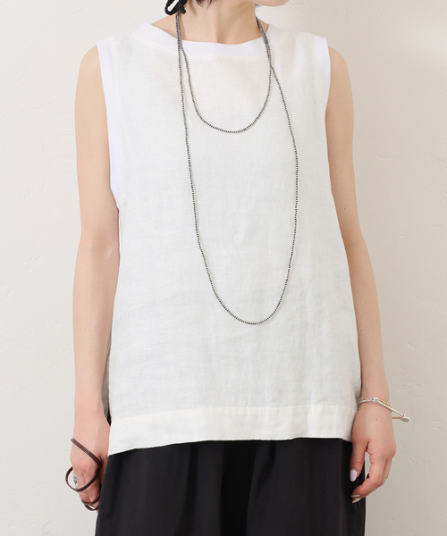 JOURNAL STANDARD LUXE（ジャーナルスタンダード　ラックス）の「《追加》フレンチリネンツイルノースリーブブラウス（シャツ/ブラウス・レディース・ホワイト/ネイビー・FREE）」の6枚目の写真