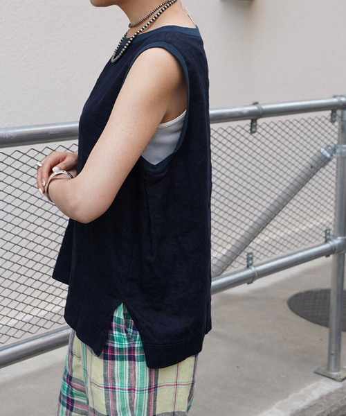 JOURNAL STANDARD LUXE（ジャーナルスタンダード　ラックス）の「《追加》フレンチリネンツイルノースリーブブラウス（シャツ/ブラウス・レディース・ホワイト/ネイビー・FREE）」の8枚目の写真