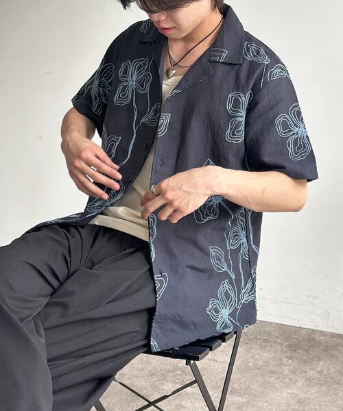 CPCM(シーピーシーエム)の「総柄刺繍開襟シャツ(シャツ/ブラウス・レディース・ネイビー/ホワイト/ブラック・MEDIUM/LARGE)」の3枚目の写真