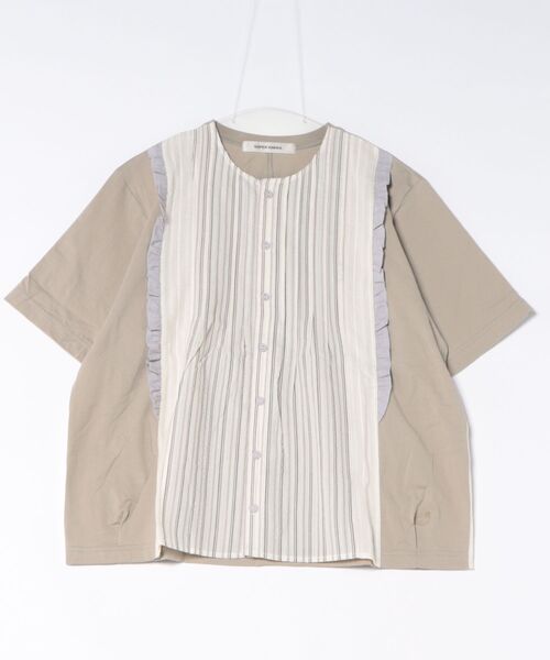 SUPER HAKKA(スーパーハッカ)の「天竺×サッカーストライプ ロゴワンポイント刺繍カットソー(Tシャツ/カットソー・レディース・クリーム/サックスブルー・FREE)」の1枚目の写真