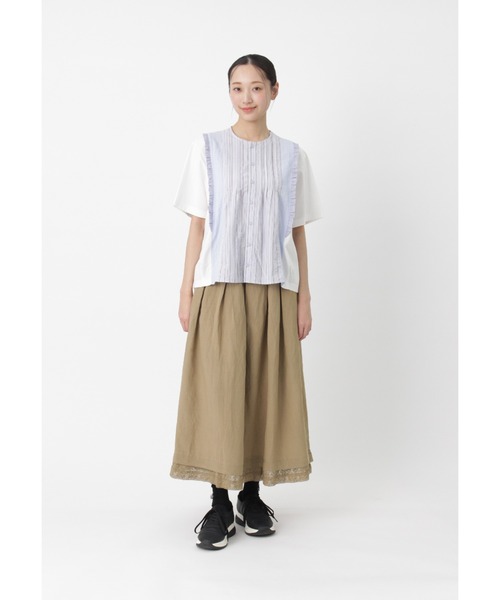 SUPER HAKKA(スーパーハッカ)の「天竺×サッカーストライプ ロゴワンポイント刺繍カットソー(Tシャツ/カットソー・レディース・クリーム/サックスブルー・FREE)」の5枚目の写真