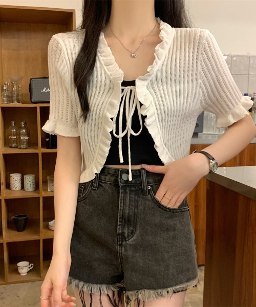 TO BE CHIC (M) ショート丈 フリルカーディガン リボン 半袖 フリルリボンシアーカーディガン 半袖 ショート丈 フェミニン トップス