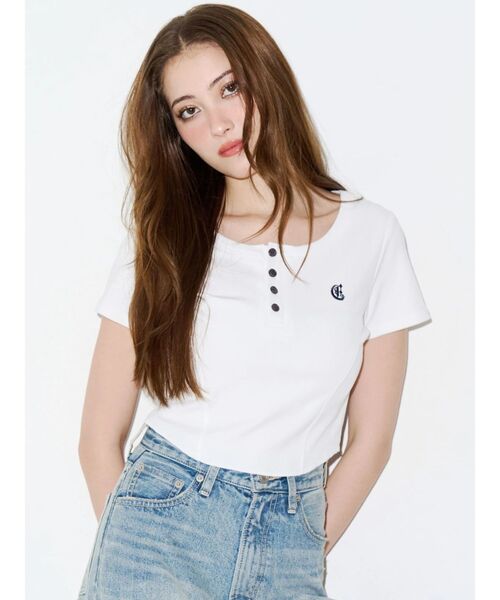 EVRIS（エヴリス）の「ハーフスリーブワンポイントヘンリーネックトップス（Tシャツ/カットソー・レディース・グレー/ホワイト/ピンク/ブラック・FREE）」の16枚目の写真
