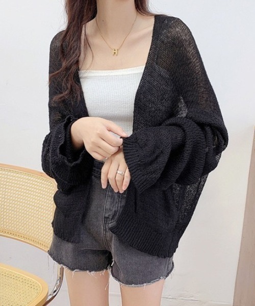 yuue' ( wear )(ユーイ)の「ルーズサマーニットカーディガン/冷房対策(カーディガン/ボレロ・レディース・ブラック/ホワイト・FREE)」の9枚目の写真