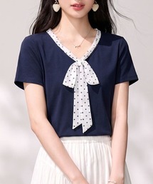 ドット柄 リボン付き Vネック Tシャツ