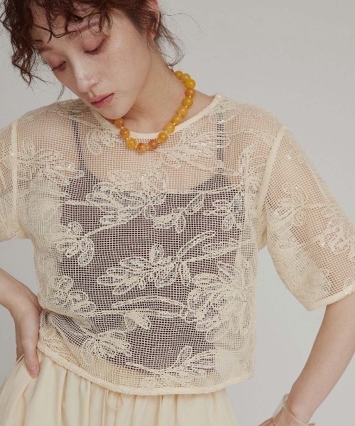 W:Huku（フーク）の「【W:huku / メッシュ エンブロイダリー】ハーフスリーブ シアー トップス / Mesh Embroidered Half-Sleeve Top（Tシャツ/カットソー・レディース・ブラック/ブラックミックス/アイボリー・FREE）」の3枚目の写真