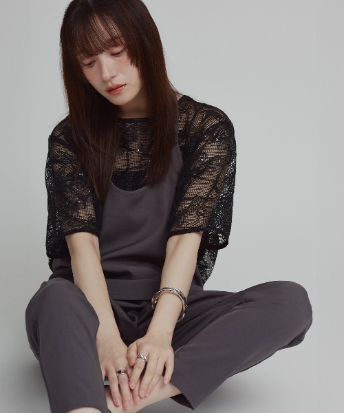 W:Huku（フーク）の「【W:huku / メッシュ エンブロイダリー】ハーフスリーブ シアー トップス / Mesh Embroidered Half-Sleeve Top（Tシャツ/カットソー・レディース・ブラック/ブラックミックス/アイボリー・FREE）」の10枚目の写真