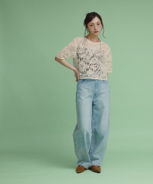 W:Huku（フーク）の「【W:huku / メッシュ エンブロイダリー】ハーフスリーブ シアー トップス / Mesh Embroidered Half-Sleeve Top（Tシャツ/カットソー・レディース・ブラック/ブラックミックス/アイボリー・FREE）」の13枚目の写真