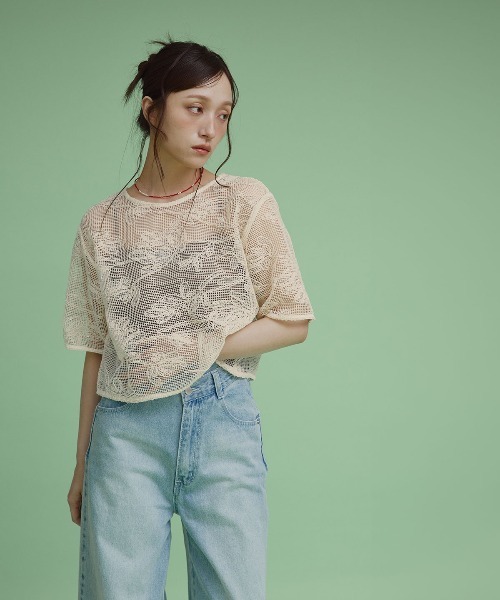 W:Huku（フーク）の「【W:huku / メッシュ エンブロイダリー】ハーフスリーブ シアー トップス / Mesh Embroidered Half-Sleeve Top（Tシャツ/カットソー・レディース・ブラック/ブラックミックス/アイボリー・FREE）」の14枚目の写真