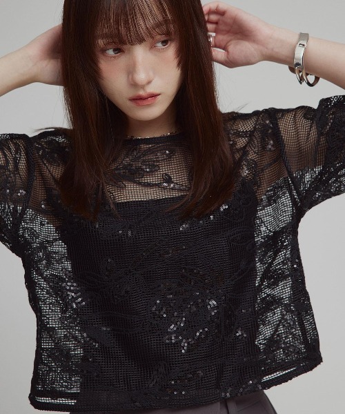 W:Huku（フーク）の「【W:huku / メッシュ エンブロイダリー】ハーフスリーブ シアー トップス / Mesh Embroidered Half-Sleeve Top（Tシャツ/カットソー・レディース・ブラック/ブラックミックス/アイボリー・FREE）」の15枚目の写真