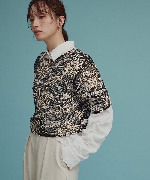 W:Huku（フーク）の「【W:huku / メッシュ エンブロイダリー】ハーフスリーブ シアー トップス / Mesh Embroidered Half-Sleeve Top（Tシャツ/カットソー・レディース・ブラック/ブラックミックス/アイボリー・FREE）」の17枚目の写真