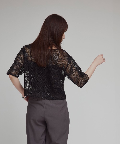 W:Huku（フーク）の「【W:huku / メッシュ エンブロイダリー】ハーフスリーブ シアー トップス / Mesh Embroidered Half-Sleeve Top（Tシャツ/カットソー・レディース・ブラック/ブラックミックス/アイボリー・FREE）」の19枚目の写真