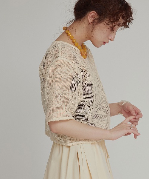 W:Huku（フーク）の「【W:huku / メッシュ エンブロイダリー】ハーフスリーブ シアー トップス / Mesh Embroidered Half-Sleeve Top（Tシャツ/カットソー・レディース・ブラック/ブラックミックス/アイボリー・FREE）」の20枚目の写真