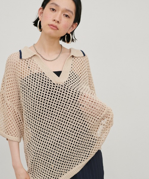 セール】【LARUTA】麻調メッシュスキッパー半袖ニット（ニット