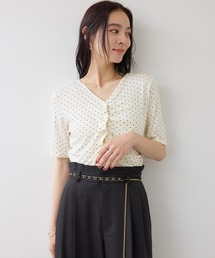 【WEB限定】ドット&無地フロントシャーリング5分袖トップス
