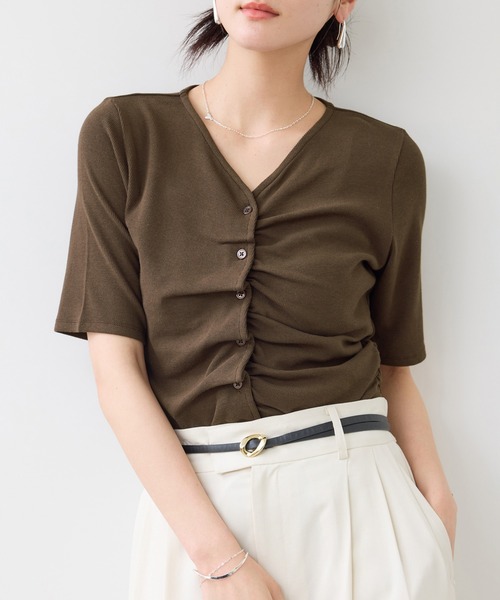 VIS(ビス)の「【WEB限定】フロントシャーリングトップス(Tシャツ/カットソー・レディース・チャコールグレー/ダークブラウン/ライトグリーン/ホワイト系その他5・FREE)」の21枚目の写真