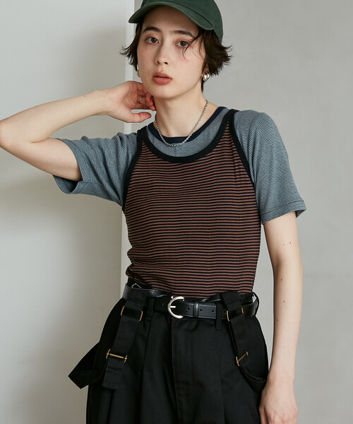 FREAK'S STORE（フリークスストア）の「MILLER/ミラー Panel Rib America Sleeve Tank/パネルリブ アメスリタンクトップ/カップ付きタンクトップ（タンクトップ・レディース・ダークブラウン/チャコール/レッド・ﾌﾘ-）」の2枚目の写真