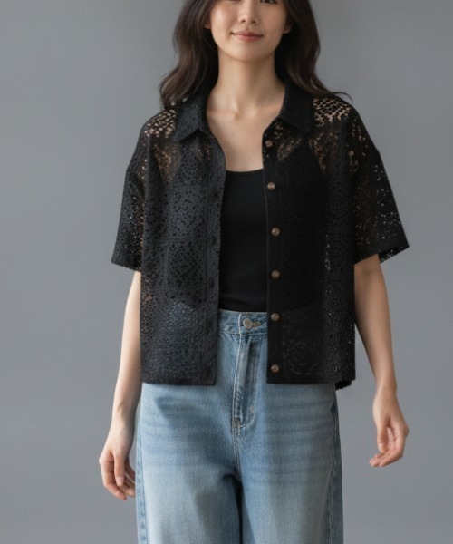 N.s(エヌドットエス)の「総レース オープンカラー 半袖シャツ シアーシャツ(シャツ/ブラウス・レディース・ブラック/オフホワイト・FREE)」の1枚目の写真