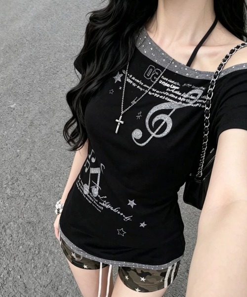 Teem Store(チームストア)の「レイヤード風ドット柄配色 ワンショルTシャツ(Tシャツ/カットソー・レディース・ブラック・M/S)」の1枚目の写真