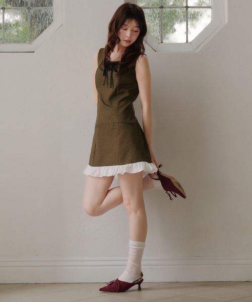 fupel(フぺル)の「dot frill mini onepiece / ドットフリルミニワンピース(ワンピース・レディース・グレー/ブラウン・FREE)」の4枚目の写真