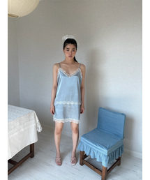 SATIN LACE SLIP DRESS, DUSTY BLUE