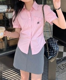 パフスリーブストライプ半袖シャツ