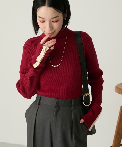 Aunely(オーネリー)の「【Aunely】<パチレスニット>ゴールドボタンタートルネックリブニット(ニット/セーター・レディース・グレー/グレイッシュベージュ/ブラック/ブラック系/ネイビー/アイボリー/グリーン/ブルー系/ブラウン/レッド・M/L)」の13枚目の写真