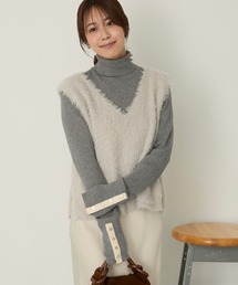 【Aunely】<パチレスニット>ゴールドボタンタートルネックリブニット