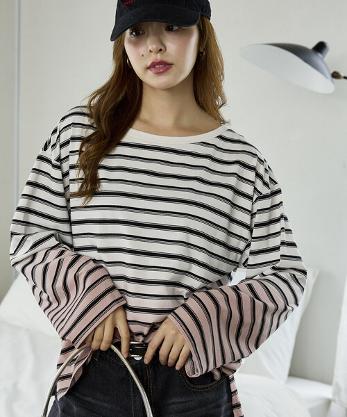 PUBLUX(パブリュクス)の「PUBLUX/パブリュクス グラデーション マルチボーダー リラックス ロンT 限定展開(Tシャツ/カットソー・レディース・オフホワイト/オリーブ・フリ-)」の2枚目の写真