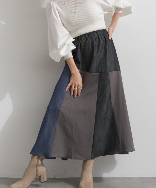 Material(Avenue)(マテリアル)の「【Material】カラーデニム風 3色ハギ サーキュラー イージー ロング スカート(スカート・レディース・カーキブラウン/インディゴブルー/ブラック・FREE)」の2枚目の写真