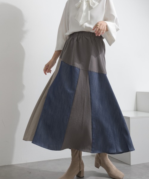 Material(Avenue)(マテリアル)の「【Material】カラーデニム風 3色ハギ サーキュラー イージー ロング スカート(スカート・レディース・カーキブラウン/インディゴブルー/ブラック・FREE)」の3枚目の写真