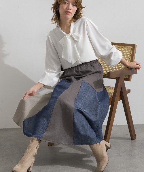 Material(Avenue)(マテリアル)の「【Material】カラーデニム風 3色ハギ サーキュラー イージー ロング スカート(スカート・レディース・カーキブラウン/インディゴブルー/ブラック・FREE)」の4枚目の写真
