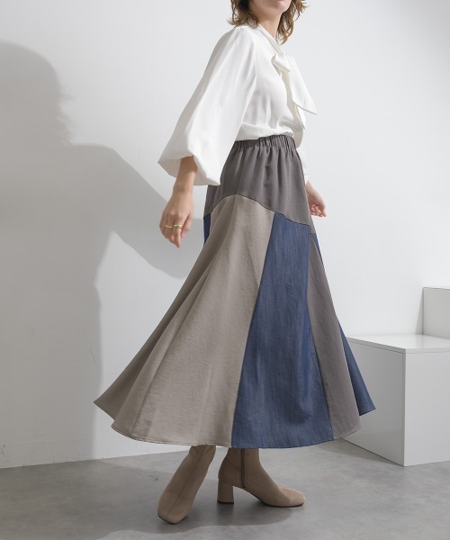 Material(Avenue)(マテリアル)の「【Material】カラーデニム風 3色ハギ サーキュラー イージー ロング スカート(スカート・レディース・カーキブラウン/インディゴブルー/ブラック・FREE)」の5枚目の写真