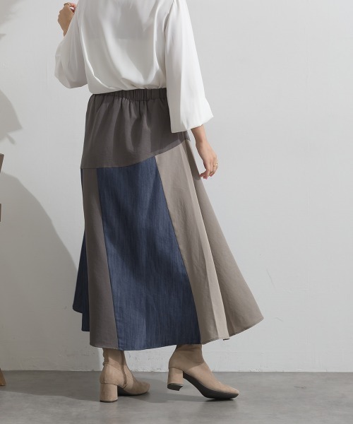 Material(Avenue)(マテリアル)の「【Material】カラーデニム風 3色ハギ サーキュラー イージー ロング スカート(スカート・レディース・カーキブラウン/インディゴブルー/ブラック・FREE)」の6枚目の写真