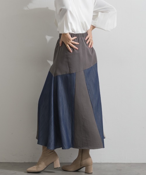 Material(Avenue)(マテリアル)の「【Material】カラーデニム風 3色ハギ サーキュラー イージー ロング スカート(スカート・レディース・カーキブラウン/インディゴブルー/ブラック・FREE)」の7枚目の写真