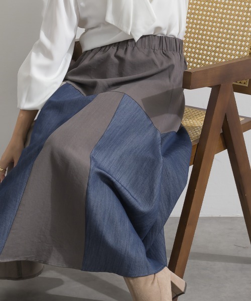 Material(Avenue)(マテリアル)の「【Material】カラーデニム風 3色ハギ サーキュラー イージー ロング スカート(スカート・レディース・カーキブラウン/インディゴブルー/ブラック・FREE)」の8枚目の写真