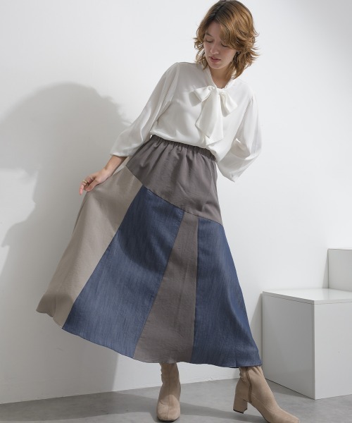 Material(Avenue)(マテリアル)の「【Material】カラーデニム風 3色ハギ サーキュラー イージー ロング スカート(スカート・レディース・カーキブラウン/インディゴブルー/ブラック・FREE)」の9枚目の写真