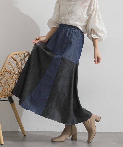 Material(Avenue)(マテリアル)の「【Material】カラーデニム風 3色ハギ サーキュラー イージー ロング スカート(スカート・レディース・カーキブラウン/インディゴブルー/ブラック・FREE)」の10枚目の写真