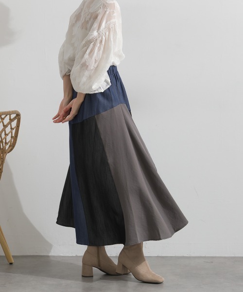 Material(Avenue)(マテリアル)の「【Material】カラーデニム風 3色ハギ サーキュラー イージー ロング スカート(スカート・レディース・カーキブラウン/インディゴブルー/ブラック・FREE)」の11枚目の写真