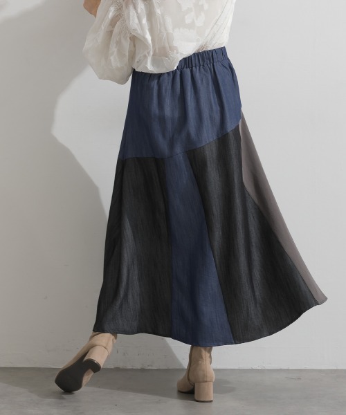 Material(Avenue)(マテリアル)の「【Material】カラーデニム風 3色ハギ サーキュラー イージー ロング スカート(スカート・レディース・カーキブラウン/インディゴブルー/ブラック・FREE)」の12枚目の写真