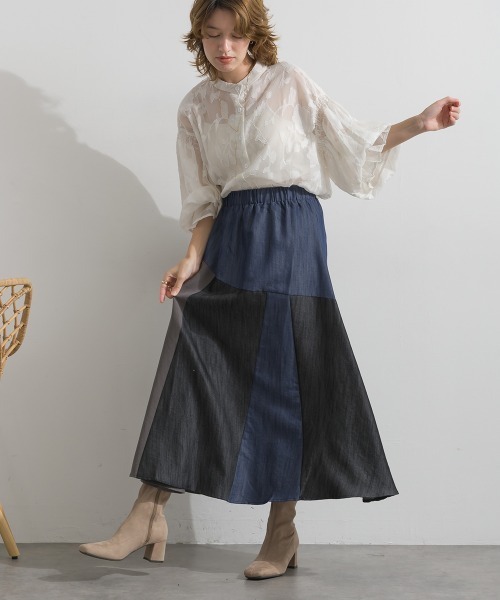 Material(Avenue)(マテリアル)の「【Material】カラーデニム風 3色ハギ サーキュラー イージー ロング スカート(スカート・レディース・カーキブラウン/インディゴブルー/ブラック・FREE)」の15枚目の写真