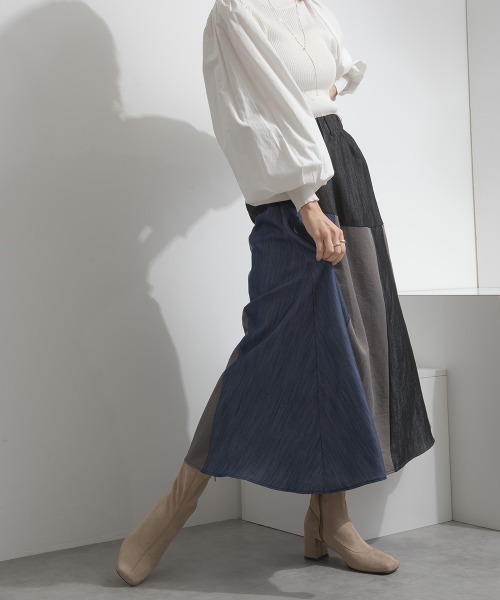 Material(Avenue)(マテリアル)の「【Material】カラーデニム風 3色ハギ サーキュラー イージー ロング スカート(スカート・レディース・カーキブラウン/インディゴブルー/ブラック・FREE)」の21枚目の写真