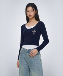クリスタルクロスレイヤード長袖Tシャツ (ネイビー)