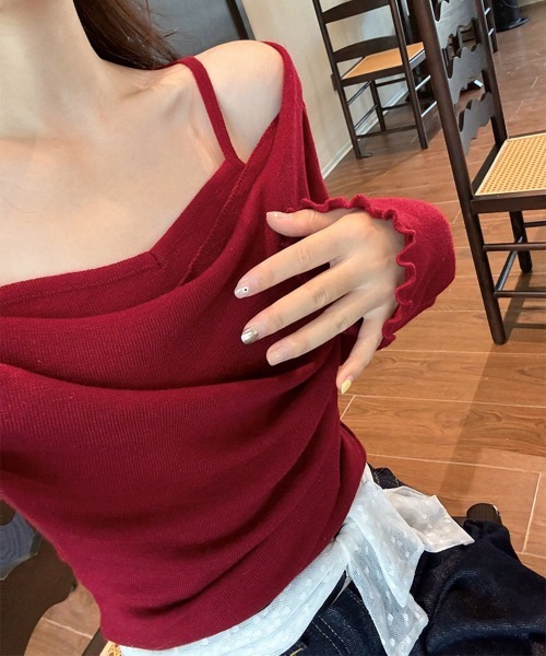Miniministore(ミニミニストア)の「キャミレイヤード風オフショルトップス長袖(Tシャツ/カットソー・レディース・ワインレッド/ブラック/ライトブルー/アイボリー/ピンク・FREE)」の18枚目の写真